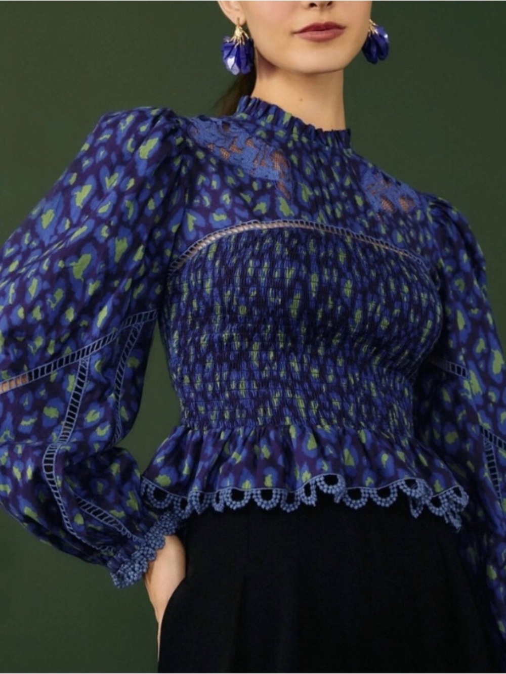 FARM Rio Leopard Pop Smocked Peplum Long-sleeve Blouse